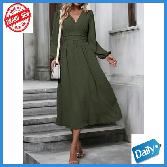 Swiss Dot Maxi Dress V-Neck Long Lantern Sleeves A-Line Flowy - Picture 7 of 8